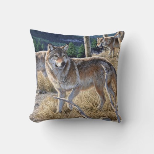 Pack of wolves in the forest painting throw pillow