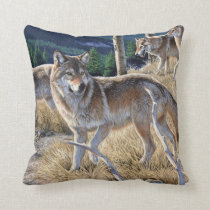 Pack of wolves in the forest painting throw pillow