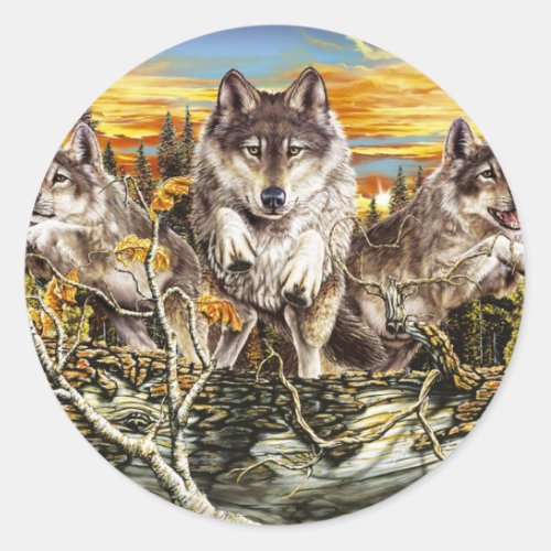 Pack of wolves jumping over a log classic round sticker