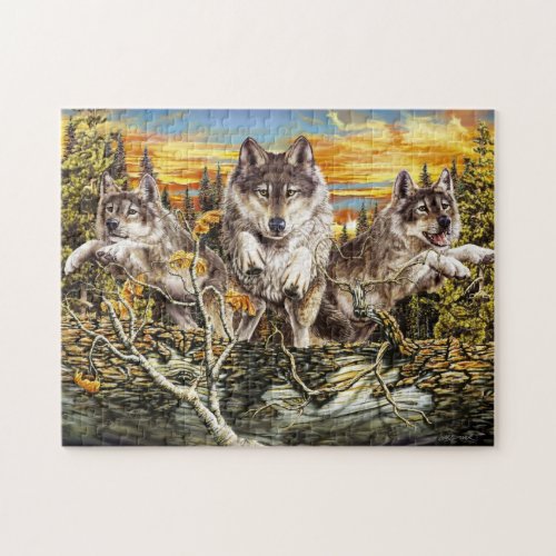 Pack of wolves jumping over a log jigsaw puzzle