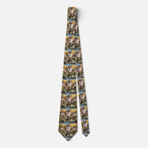 Pack of wolves jumping over a log neck tie