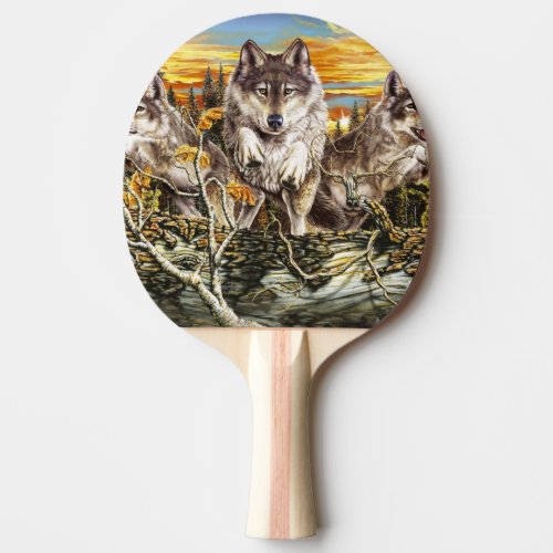 Pack of wolves jumping over a log ping pong paddle