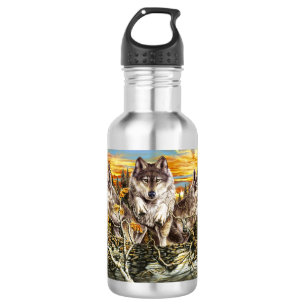Pack of wolves jumping over a log stainless steel water bottle