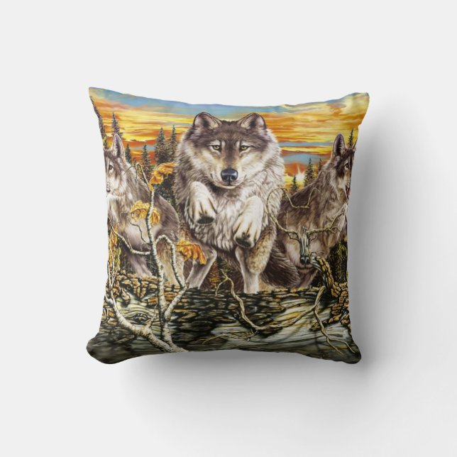 Pack of wolves jumping over a log throw pillow (Front)
