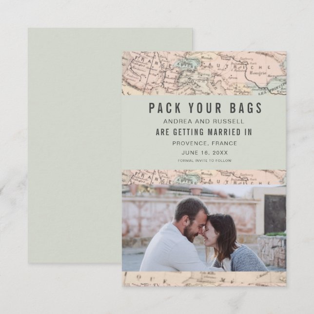 Pack Your Bags Europe Map Destination Wedding Save The Date (Front/Back)