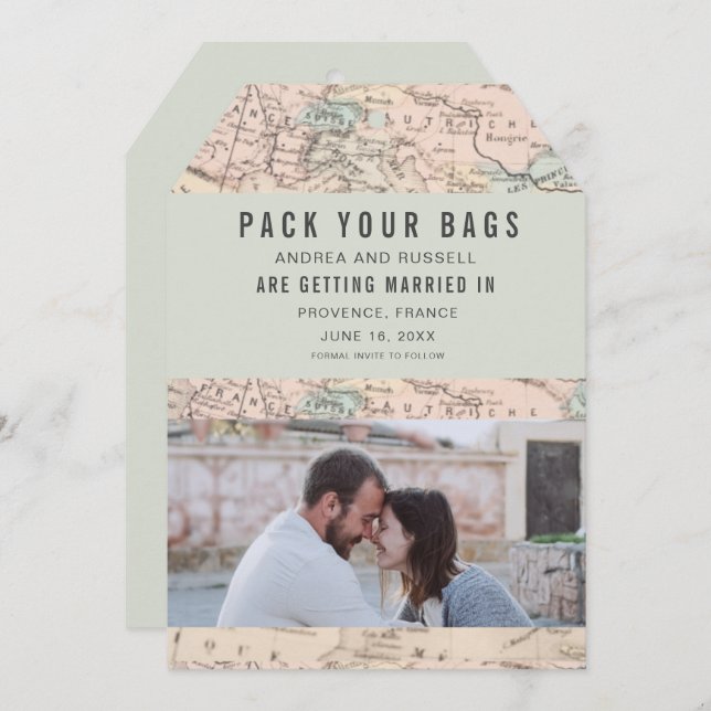 Pack Your Bags Europe Map Destination Wedding Save The Date (Front/Back)