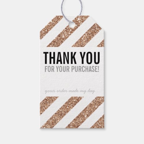 PACKAGING THANK YOU rose gold glitter stripe black Gift Tags