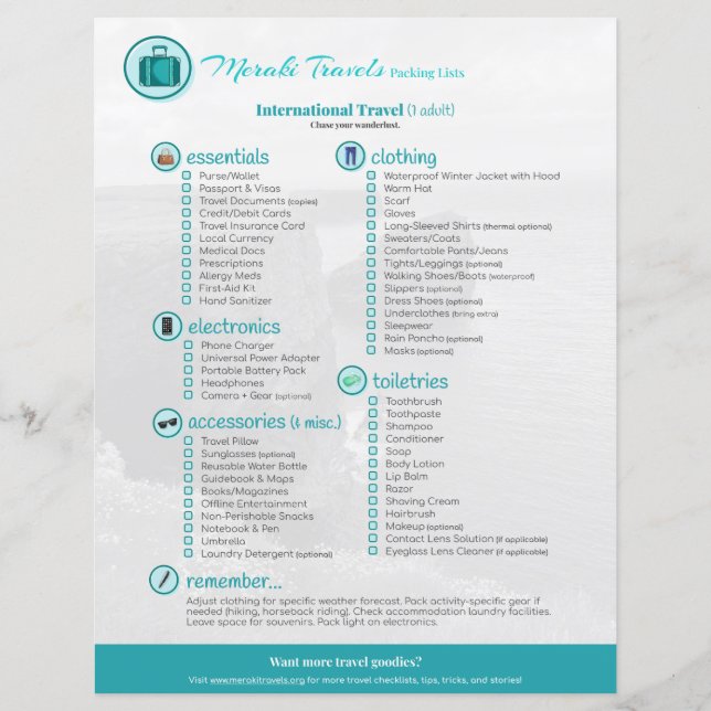 Packing List: International Travel (1 Adult) (Front)
