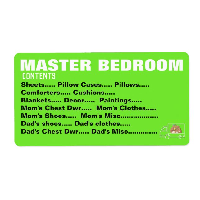 Packing Moving Organizing Labels - Master Bedroom (Front)