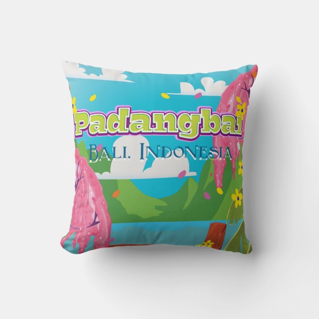 Padangbai cartoon travel poster art. throw pillow (Front)