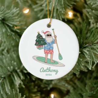 Paddle Board Santa Christmas Ceramic Ornament