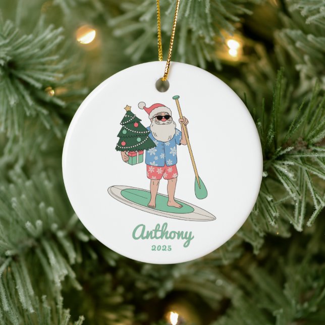 Paddle Board Santa Christmas Ceramic Ornament (Tree)