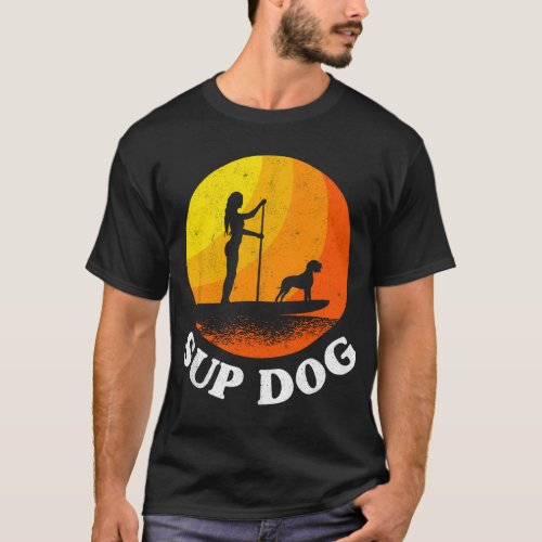 Paddle Board Sunset Surf SUP Dog Girl Stand Up Pad T_Shirt