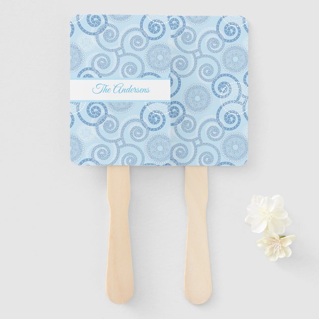 Paddle Fan-Blue Pearls Hand Fan (Front and Back)