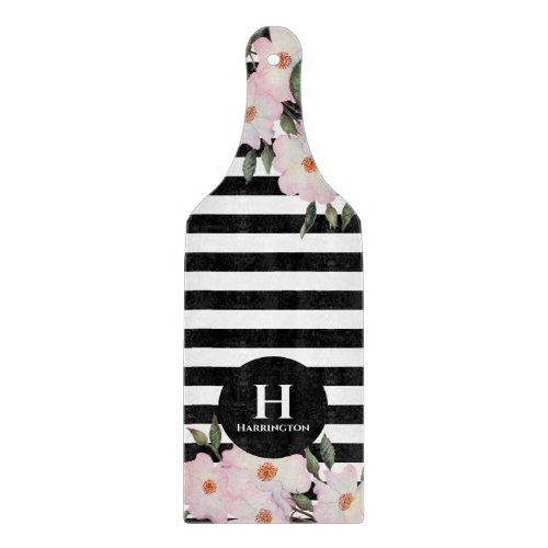 Paddle Watercolor Pink Roses Stripes Monogram Cutting Board