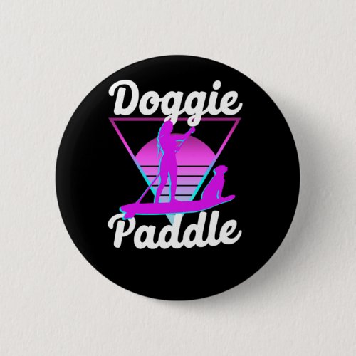 Paddleboard Doggie Paddle Girl Dog Vaporwave Retro Button