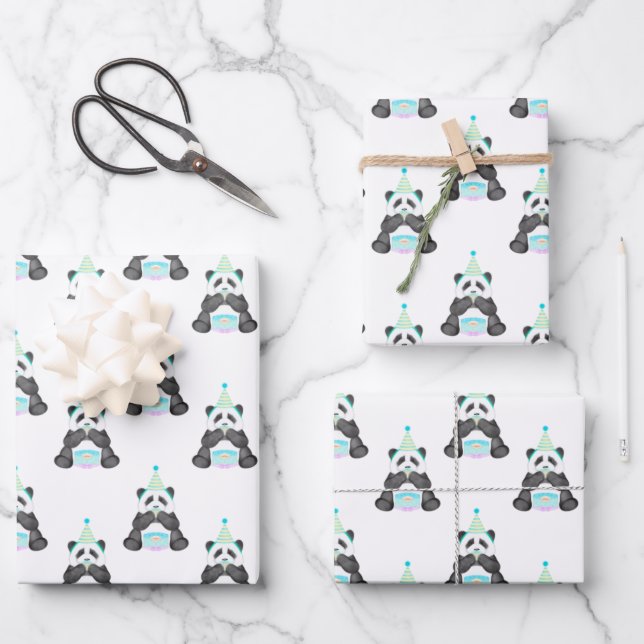 Paddy Party Panda With Cake Pattern Wrapping Paper Sheets (Front)