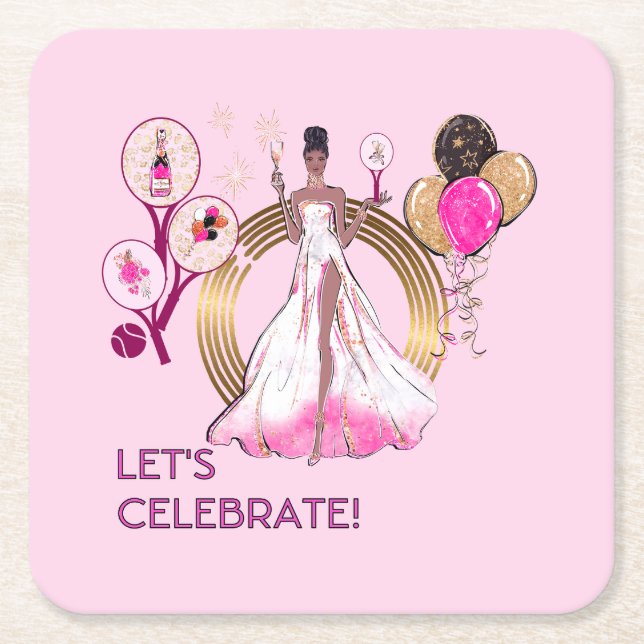 PADEL COASTER: CELEBRATION PADEL DIVA BRIGHT PINK SQUARE PAPER COASTER (Front)