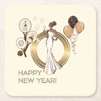 PADEL COASTER: NEW YEAR’S PADEL DIVA CREAM & GOLD SQUARE PAPER COASTER