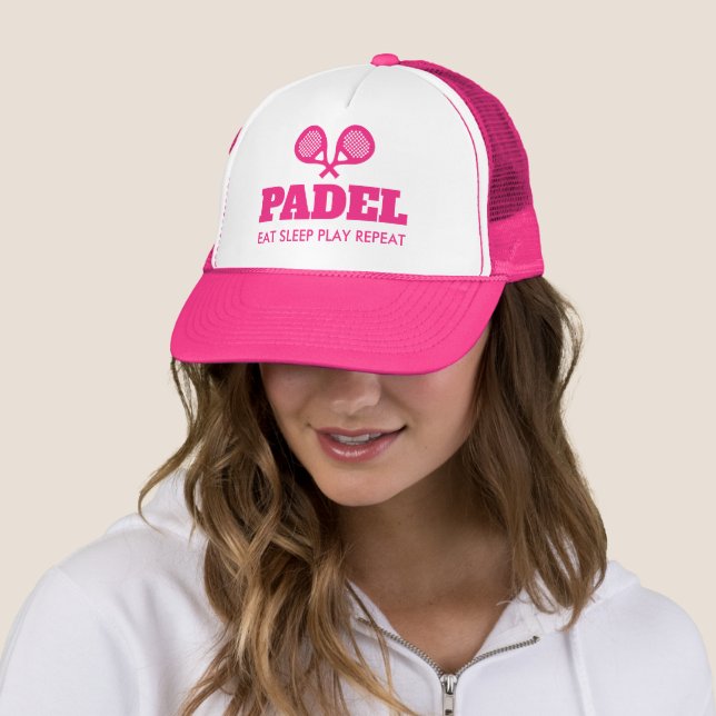 Padel Eat Sleep Play Repeat neon pink trucker hat (In Situ)