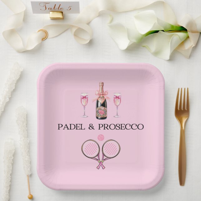 PADEL PLATE: PADEL & PROSECCO CLASSIC PINK/BLACK PAPER PLATES (Wedding)