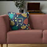 Padel Rackets Pattern with Initial Throw Pillow<br><div class="desc">This throw pillow is ready to be customized with your choice of initial and features a pattern of padel tennis rackets and balls in shades of terra cotta,  gold,  teal,  yellow and cream against a navy blue background.</div>