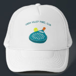 Padel Tennis Racket and Ball Personalized Trucker Hat<br><div class="desc">Add a slogan,  your team name or other custom text to this hat featuring an illustration of a padel tennis racket and a ball. The graphic is in bright blue,  orange and yellow with your message in coordinating blue lettering.</div>