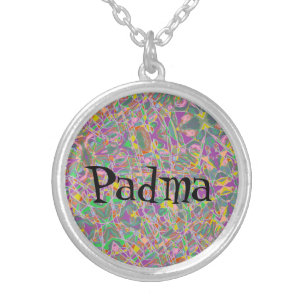 Padma name on abstract scribble background silver plated necklace