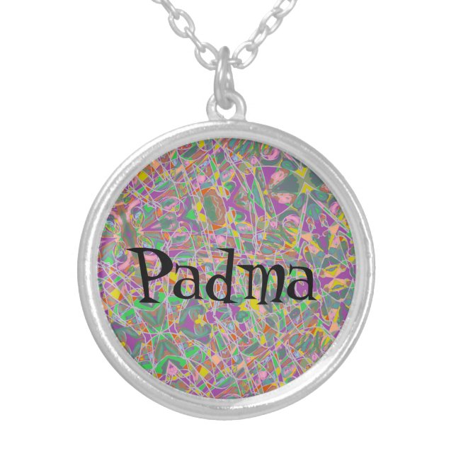Padma name on abstract scribble background silver plated necklace (Front)