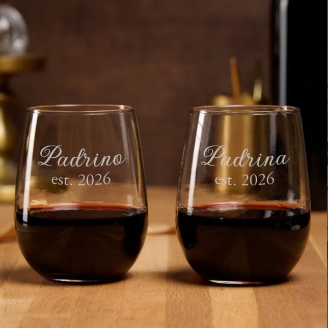 Padrino and Padrina est. Etched Stemless Wine Glass (Padrino and Padrina Est (year) Stemless Wine Glasses for new godparents, baptism gift)