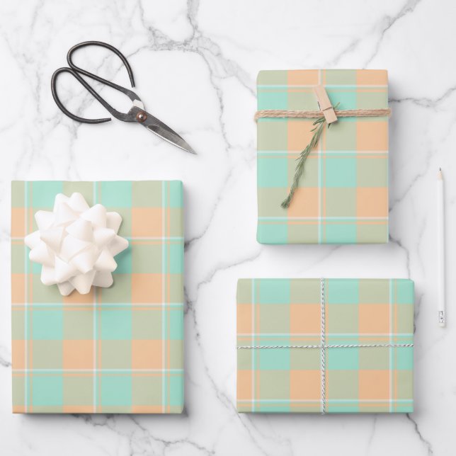 Padua Green and Corvette Peach Plaid Wrapping Paper Sheets (Front)