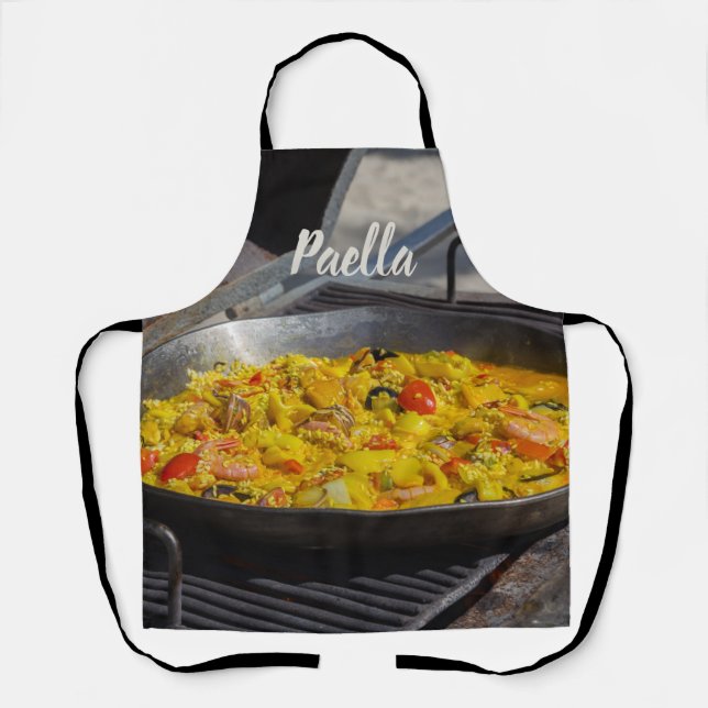 Paella is cooked on a grill gift for chef apron (Front)