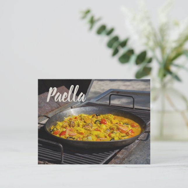 Paella is cooked on a grill gift for chef holiday postcard (Standing Front)