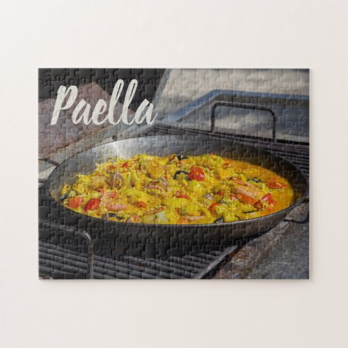 Paella is cooked on a grill gift for chef jigsaw puzzle