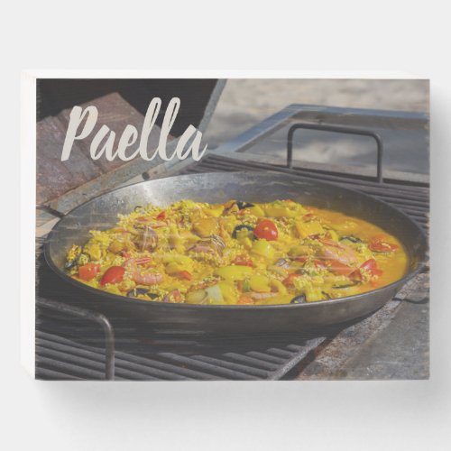Paella is cooked on a grill gift for chef wooden box sign