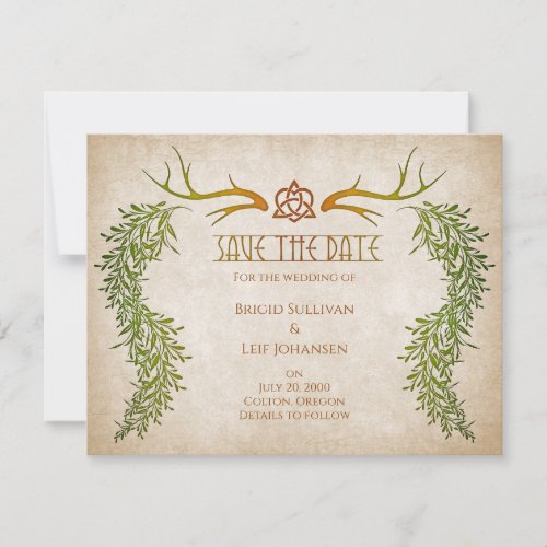 Pagan Antlers Olive Handfasting Foliage Wedding Save The Date