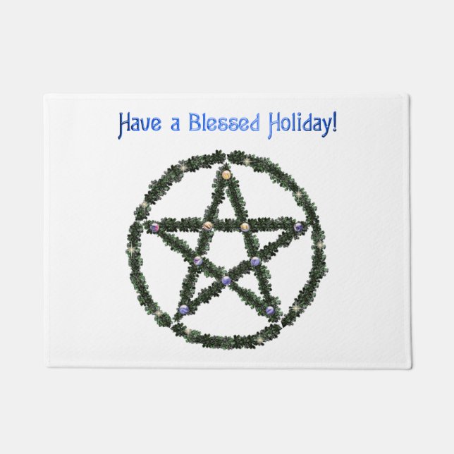 Pagan Blessed Holiday Yule Wreath Pentacle Doormat (Front)