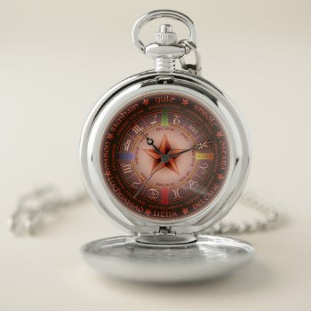 Pagan Calendar With Astrological Symbols And Star Pocket Watch by thatcrazyredhead at Zazzle
