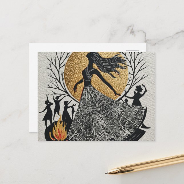 Pagan Dancing Women Gold Moon Postcard (Front/Back In Situ)