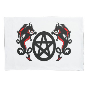 Pagan Pentacle and Two Red and Black Dragons Pillow Case