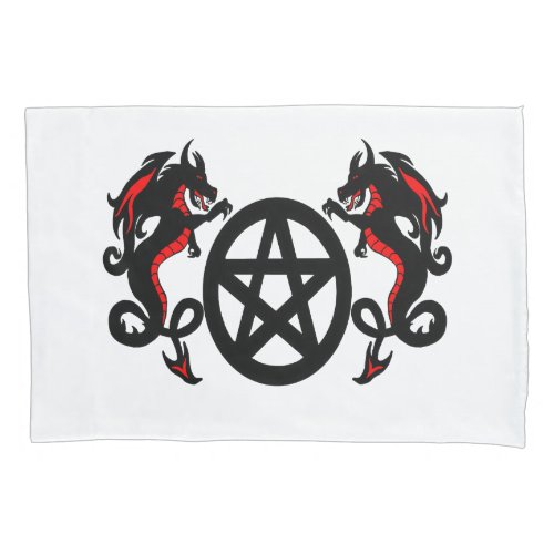 Pagan Pentacle and Two Red and Black Dragons Pillow Case