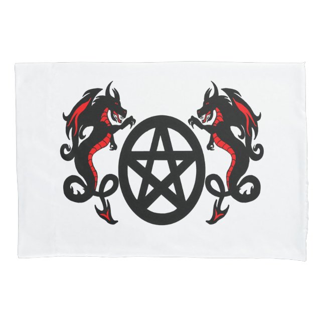 Pagan Pentacle and Two Red and Black Dragons Pillow Case (Front)