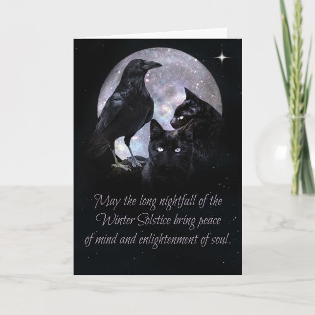 Pagan Wicca Winter Solstice Raven and Cats Card (Front)