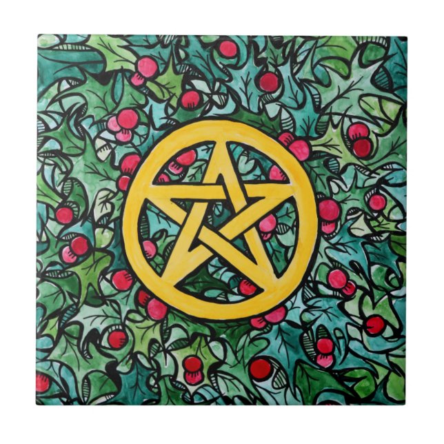 Pagan Yule Pentagram Ceramic Tile (Front)