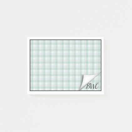 Page Curl Reveals Monogram on Teal Plaid Post-it Notes