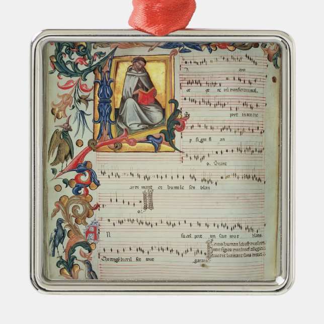 Page of musical notation with a historiated metal ornament (Front)