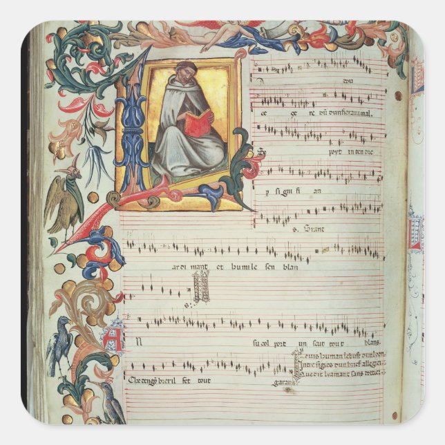 Page of musical notation with a historiated square sticker (Front)