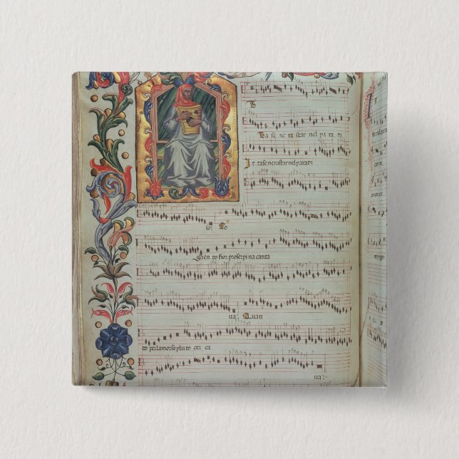 Page of musical notation with historiated button (Front)
