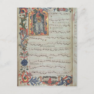 Page of musical notation with historiated postcard