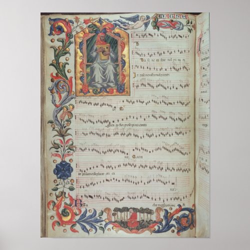 Page of musical notation with historiated poster